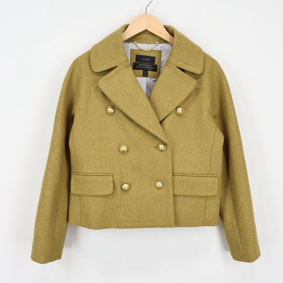 J.Crew Melton Wool Double-Breasted Cropped Classic Peacoat Mustard Olive Size 4 - Picture 1 of 9